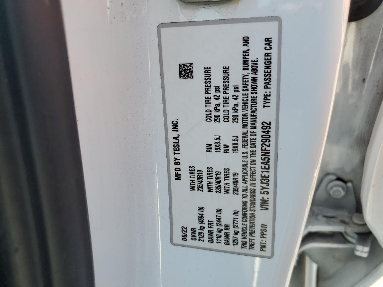 2022 TESLA MODEL 3 VIN:5YJ3E1EA5NF290492
