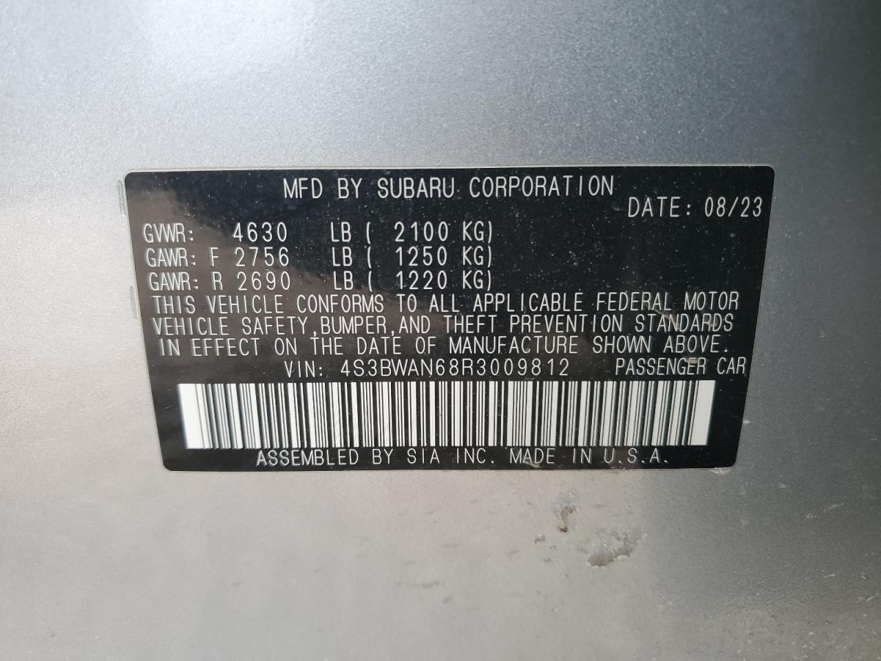 2024 SUBARU LEGACY LIMITED VIN:4S3BWAN68R3009812