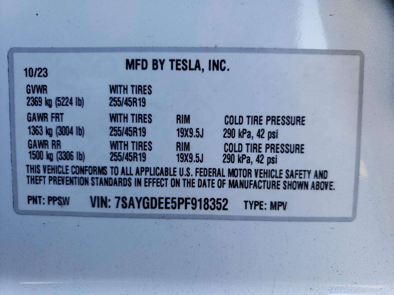 2023 TESLA MODEL Y VIN:7SAYGDEE5PF918352