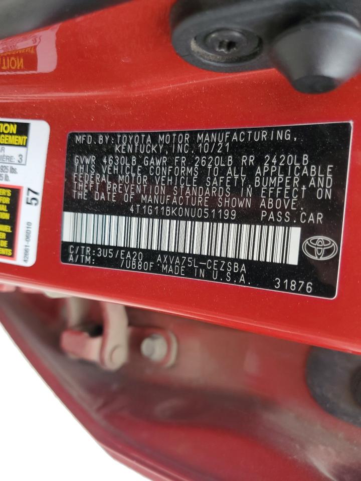 2022 TOYOTA CAMRY SE VIN:4T1G11BK0NU051199