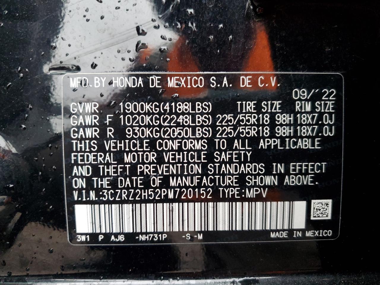 2023 HONDA HR-V SPORT VIN:3CZRZ2H52PM720152