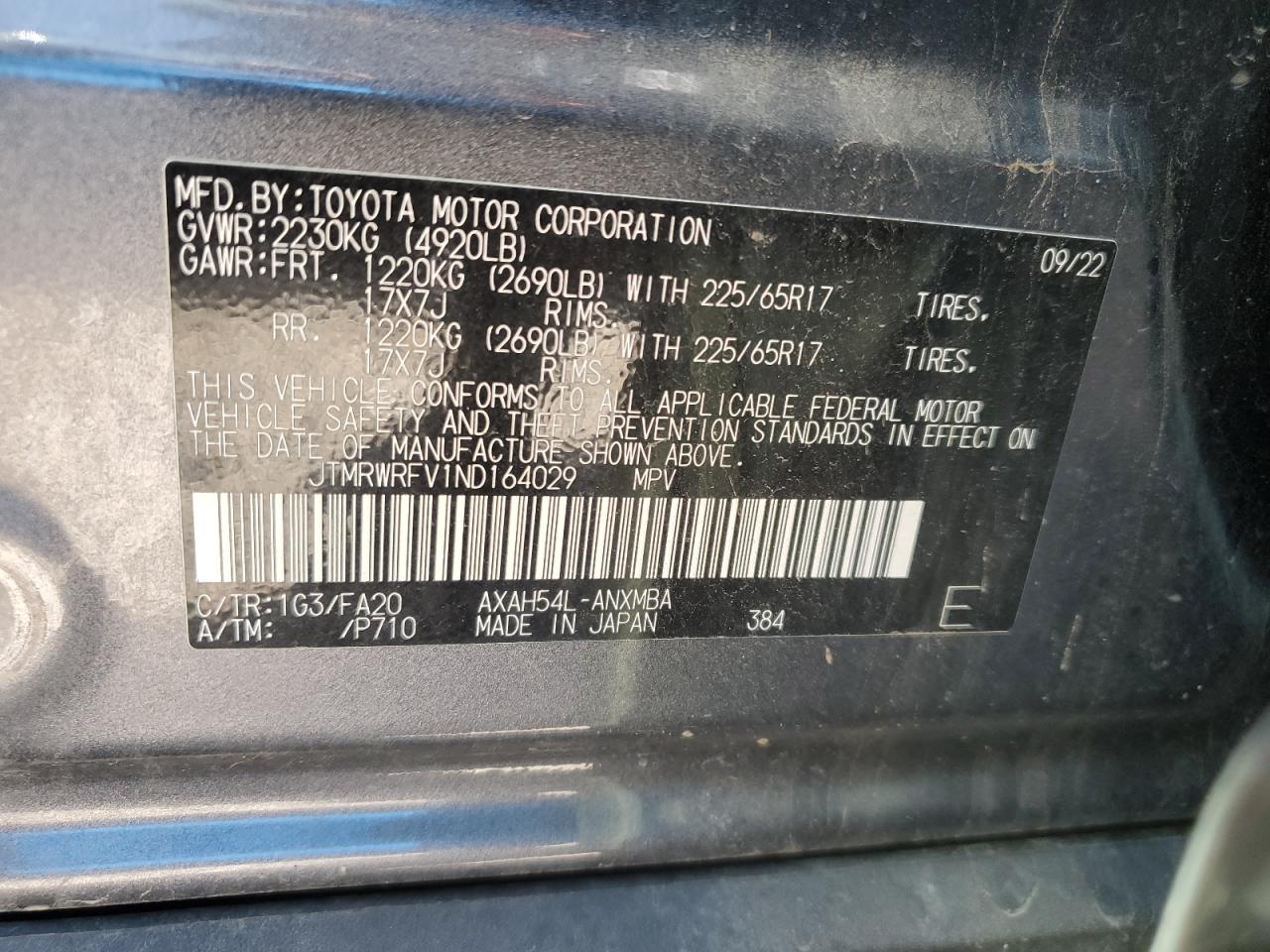 2022 TOYOTA RAV4 XLE VIN:JTMRWRFV1ND164029