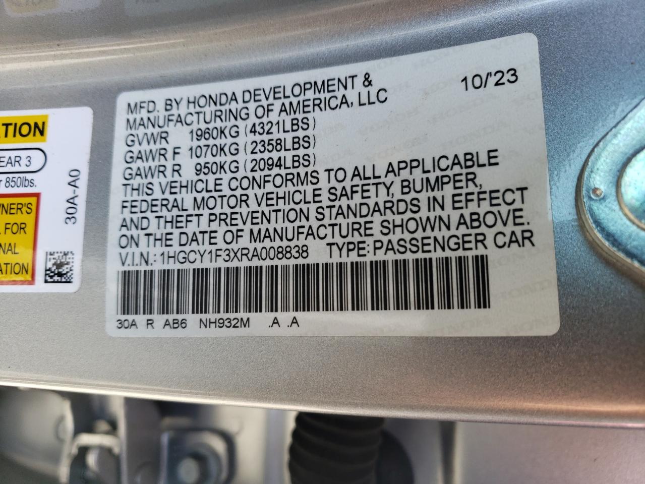 2024 HONDA ACCORD EX VIN:1HGCY1F3XRA008838