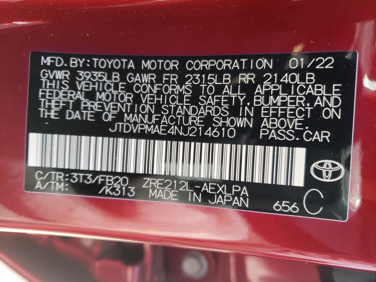 2022 TOYOTA COROLLA LE VIN:JTDVPMAE4NJ214610