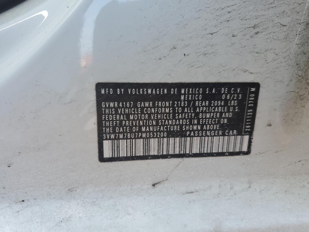 2023 VOLKSWAGEN JETTA SE VIN:3VW7M7BU7PM053200