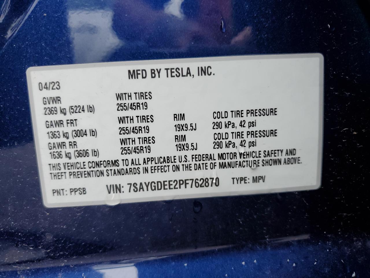 2023 TESLA MODEL Y VIN:7SAYGDEE2PF762870