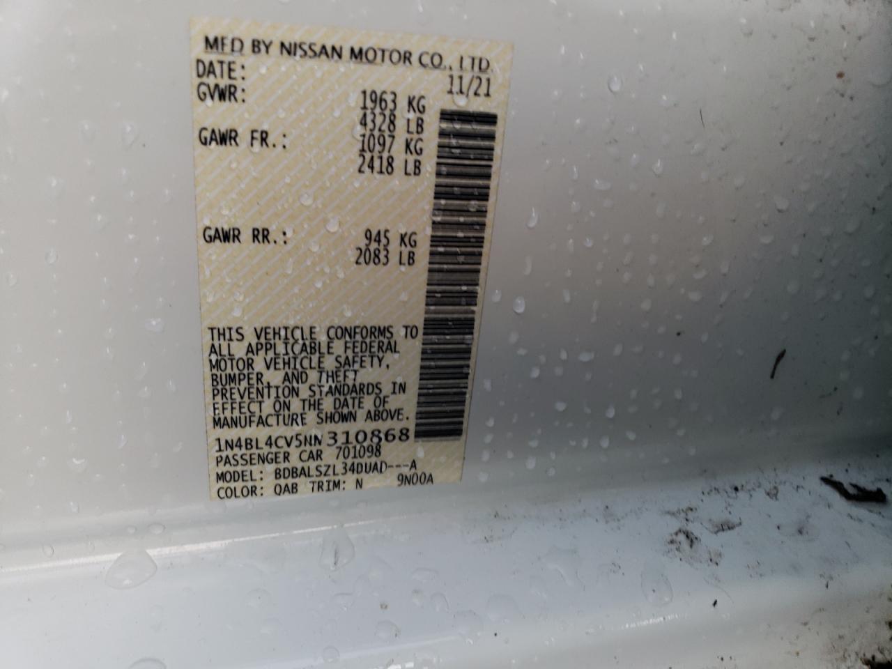 2022 NISSAN ALTIMA SR VIN:1N4BL4CV5NN310868