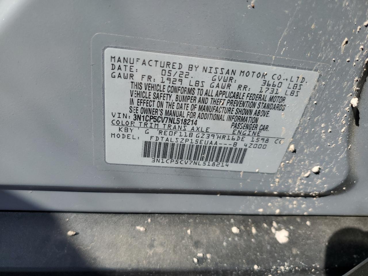 2022 NISSAN KICKS SV VIN:3N1CP5CV7NL518214
