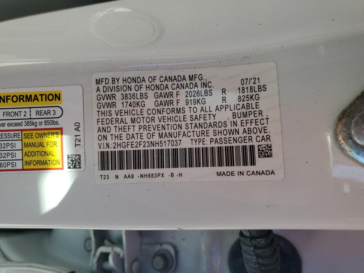 2022 HONDA CIVIC LX VIN:2HGFE2F23NH517037