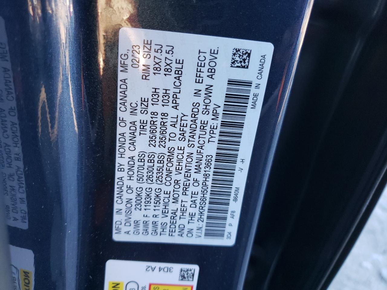 2023 HONDA CR-V SPORT VIN:2HKRS6H50PH813663