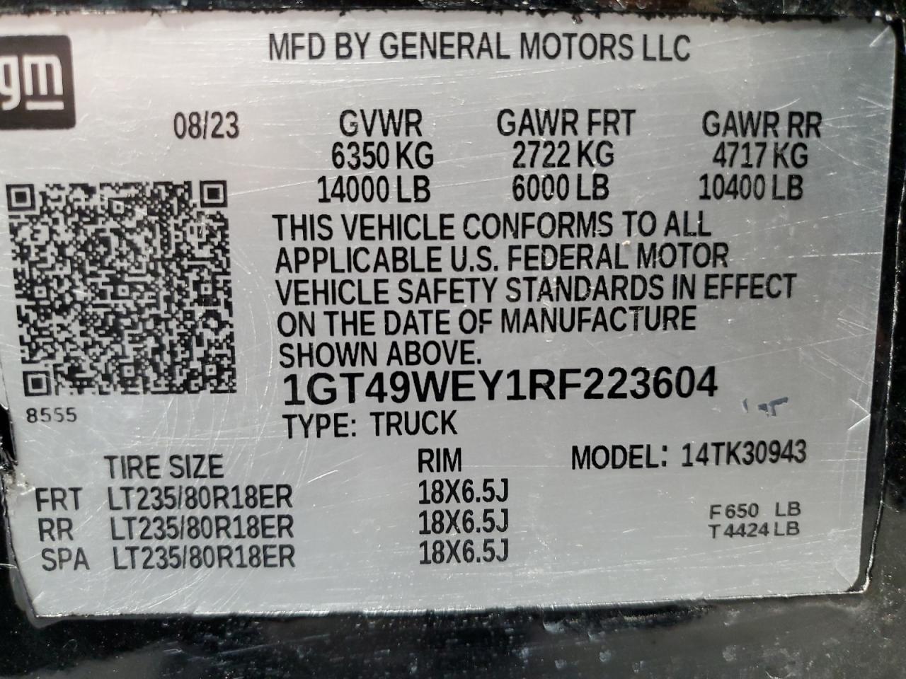 2024 GMC SIERRA K3500 DENALI VIN:1GT49WEY1RF223604