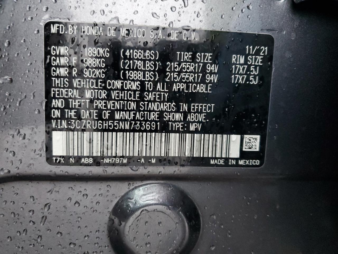 2022 HONDA HR-V EX VIN:3CZRU6H55NM733691