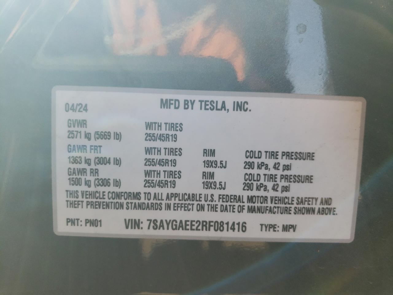 2024 TESLA MODEL Y VIN:7SAYGAEE2RF081416
