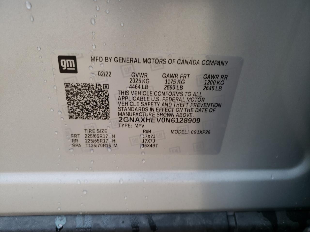 2022 CHEVROLET EQUINOX LS VIN:2GNAXHEV0N6128909