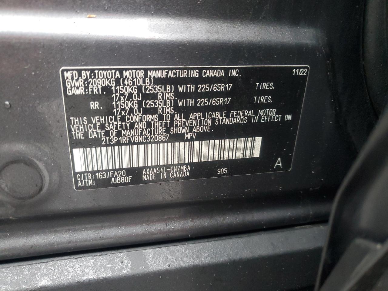 2022 TOYOTA RAV4 XLE VIN:2T3P1RFV8NC320867