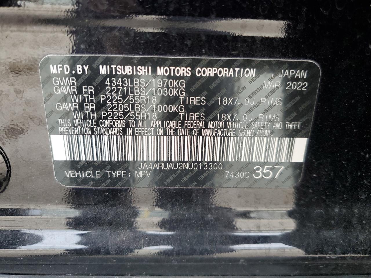 2022 MITSUBISHI OUTLANDER SPORT ES VIN:JA4ARUAU2NU013300