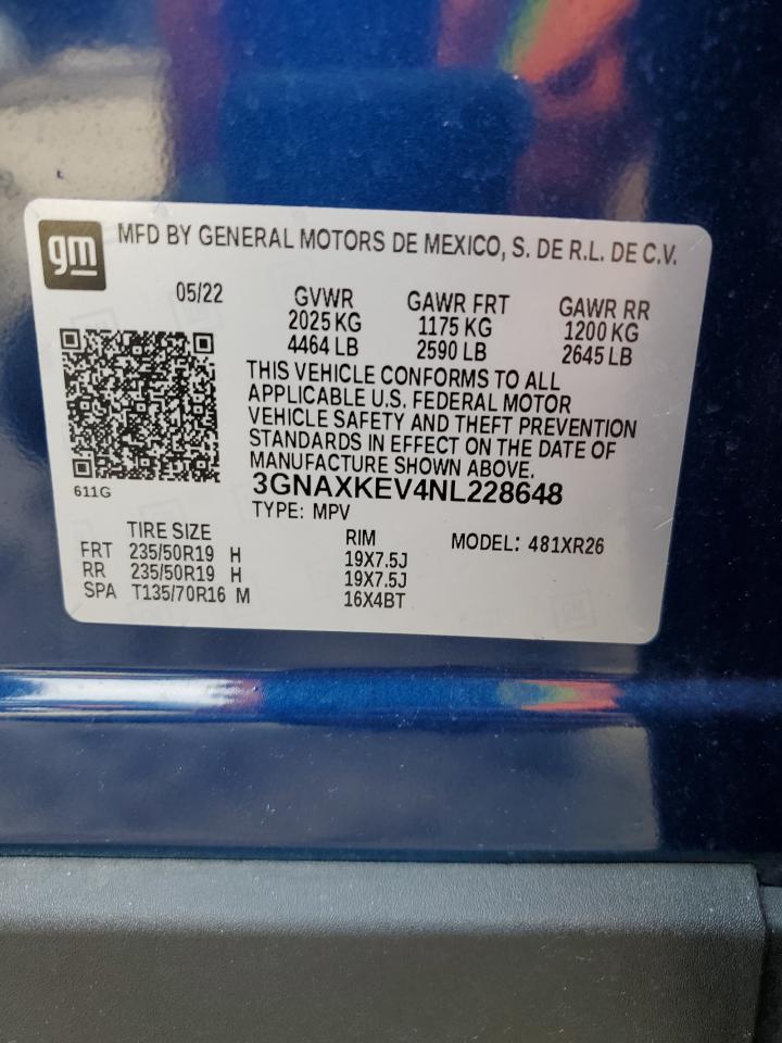 2022 CHEVROLET EQUINOX LT VIN:3GNAXKEV4NL228648