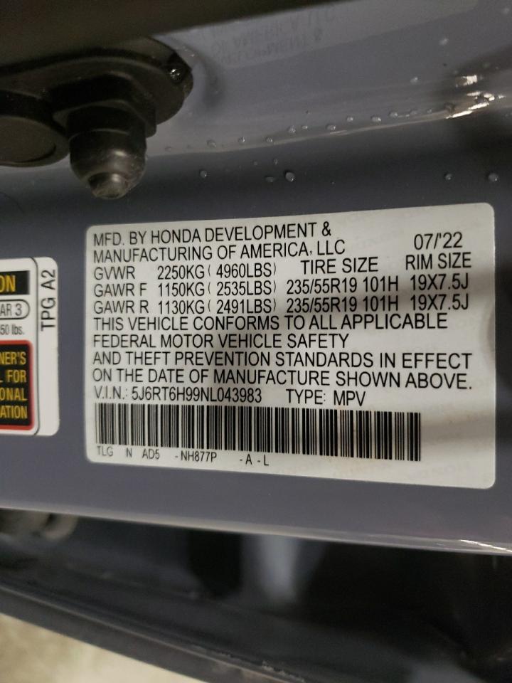 2022 HONDA CR-V TOURING VIN:5J6RT6H99NL043983