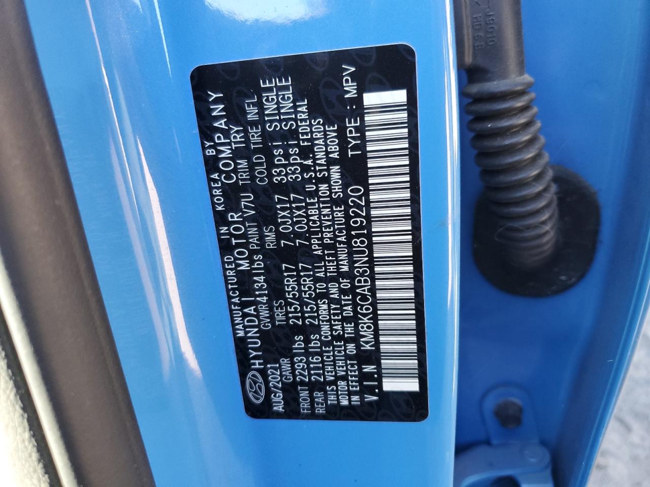 2022 HYUNDAI KONA SEL VIN:KM8K6CAB3NU819220
