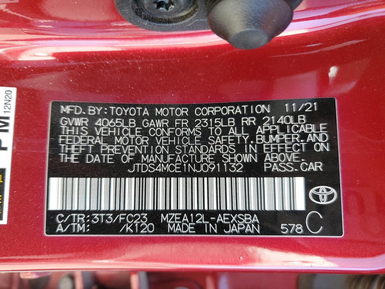 2022 TOYOTA COROLLA SE VIN:JTDS4MCE1NJ091132