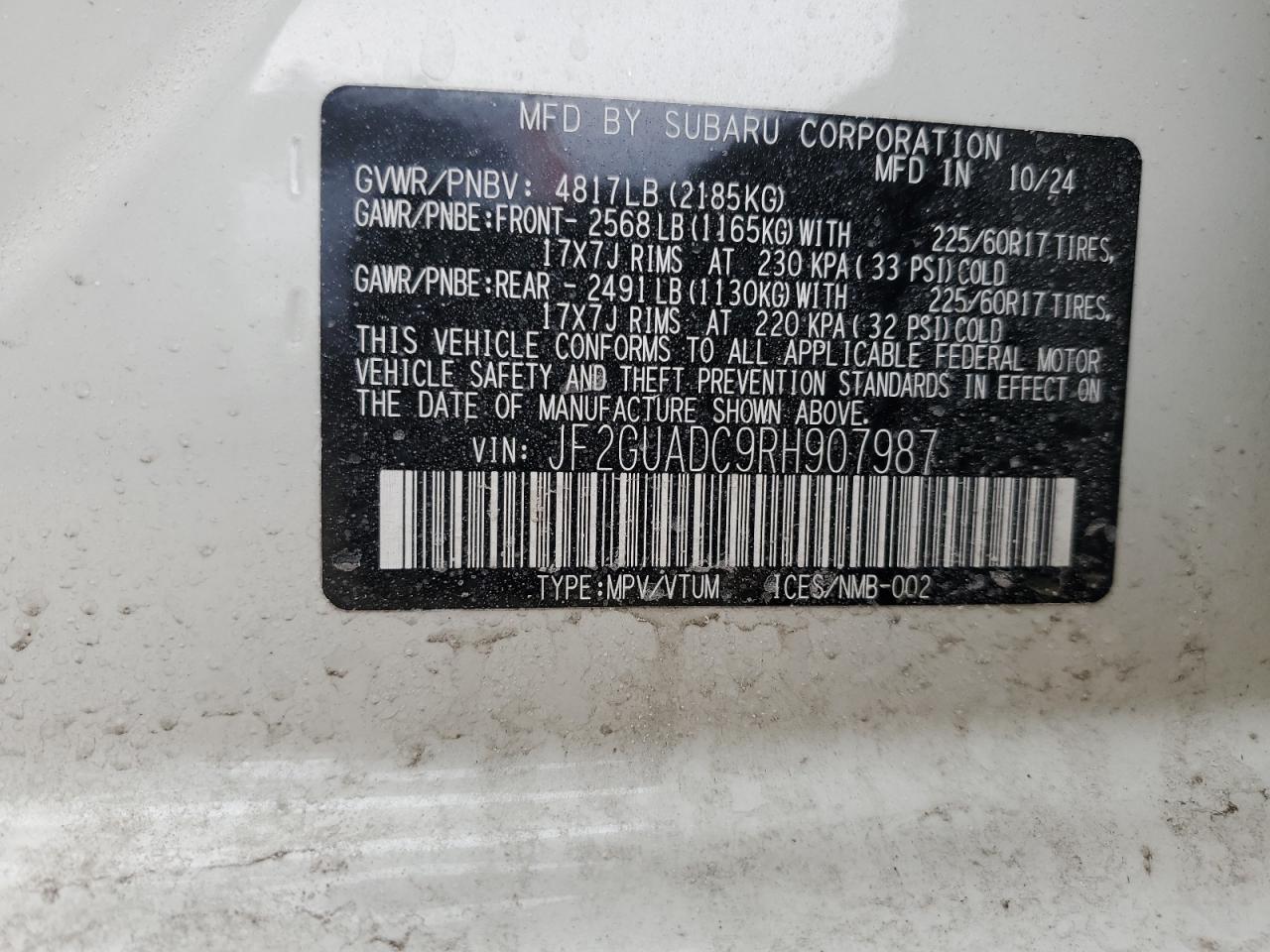 2024 SUBARU CROSSTREK PREMIUM VIN:JF2GUADC9RH907987