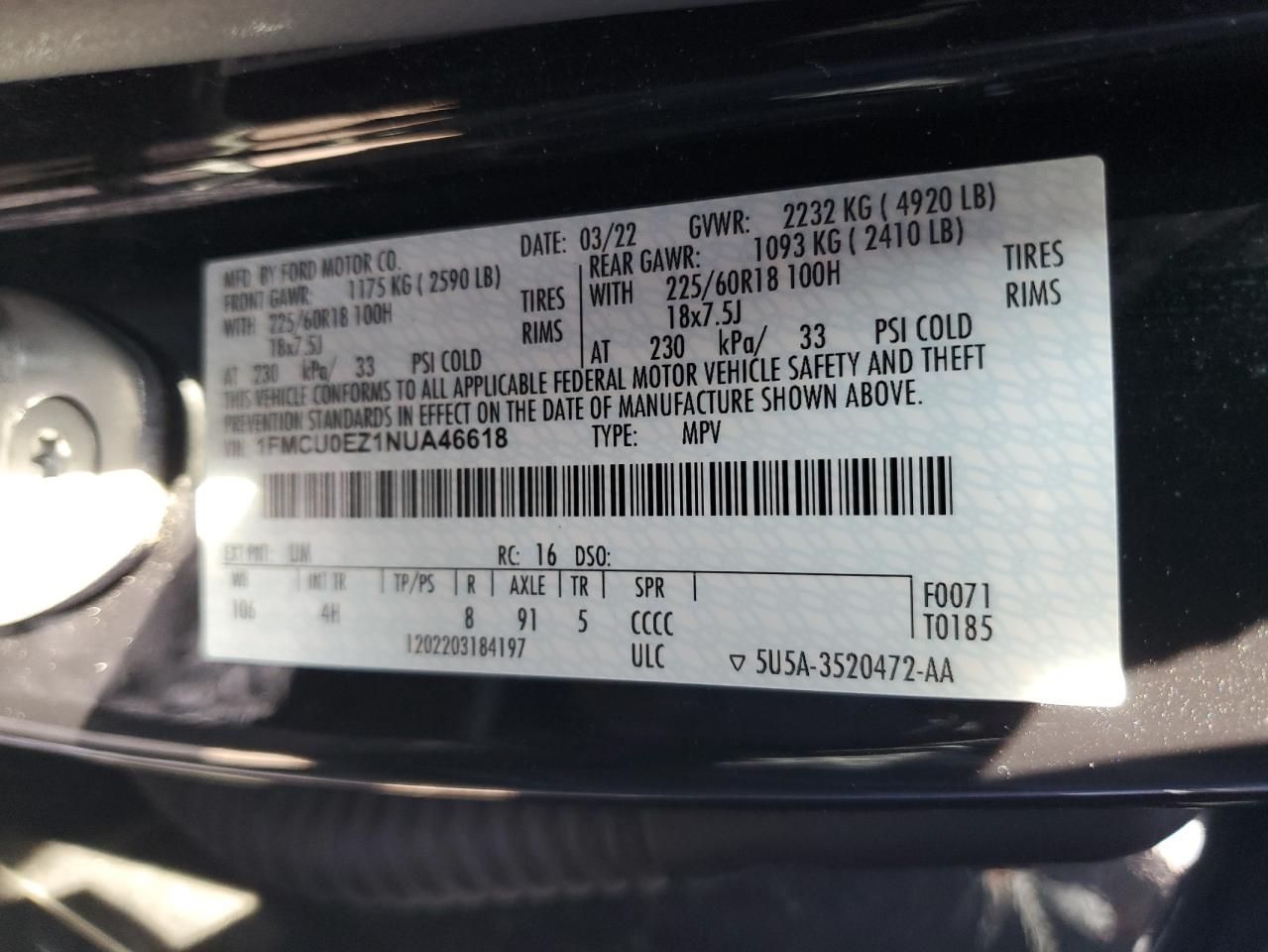 2022 FORD ESCAPE SE VIN:1FMCU0EZ1NUA46618