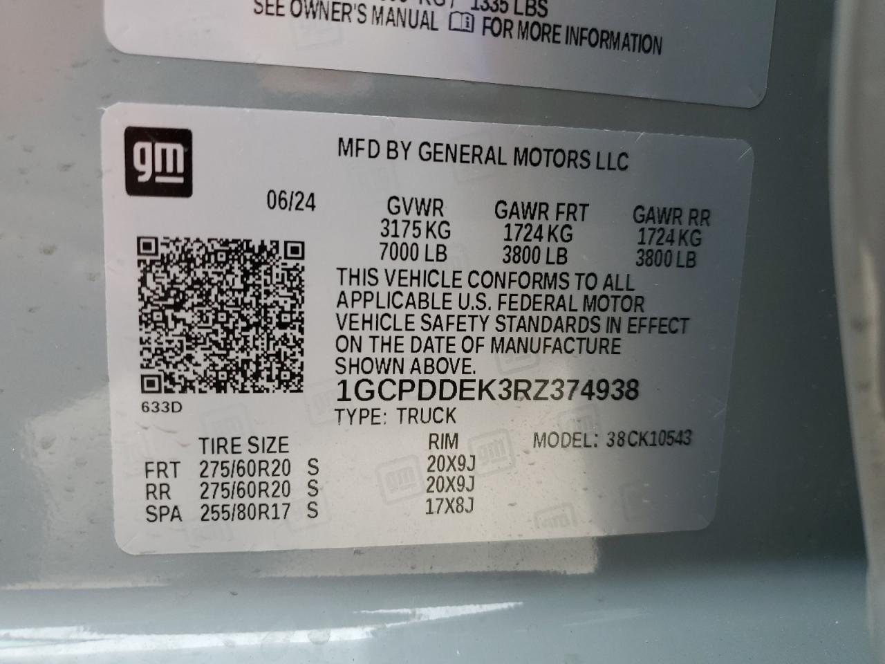 2024 CHEVROLET SILVERADO K1500 LT VIN:1GCPDDEK3RZ374938