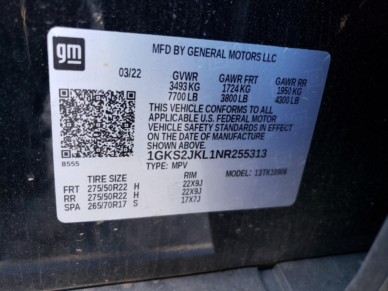 2022 GMC YUKON XL DENALI VIN:1GKS2JKL1NR255313