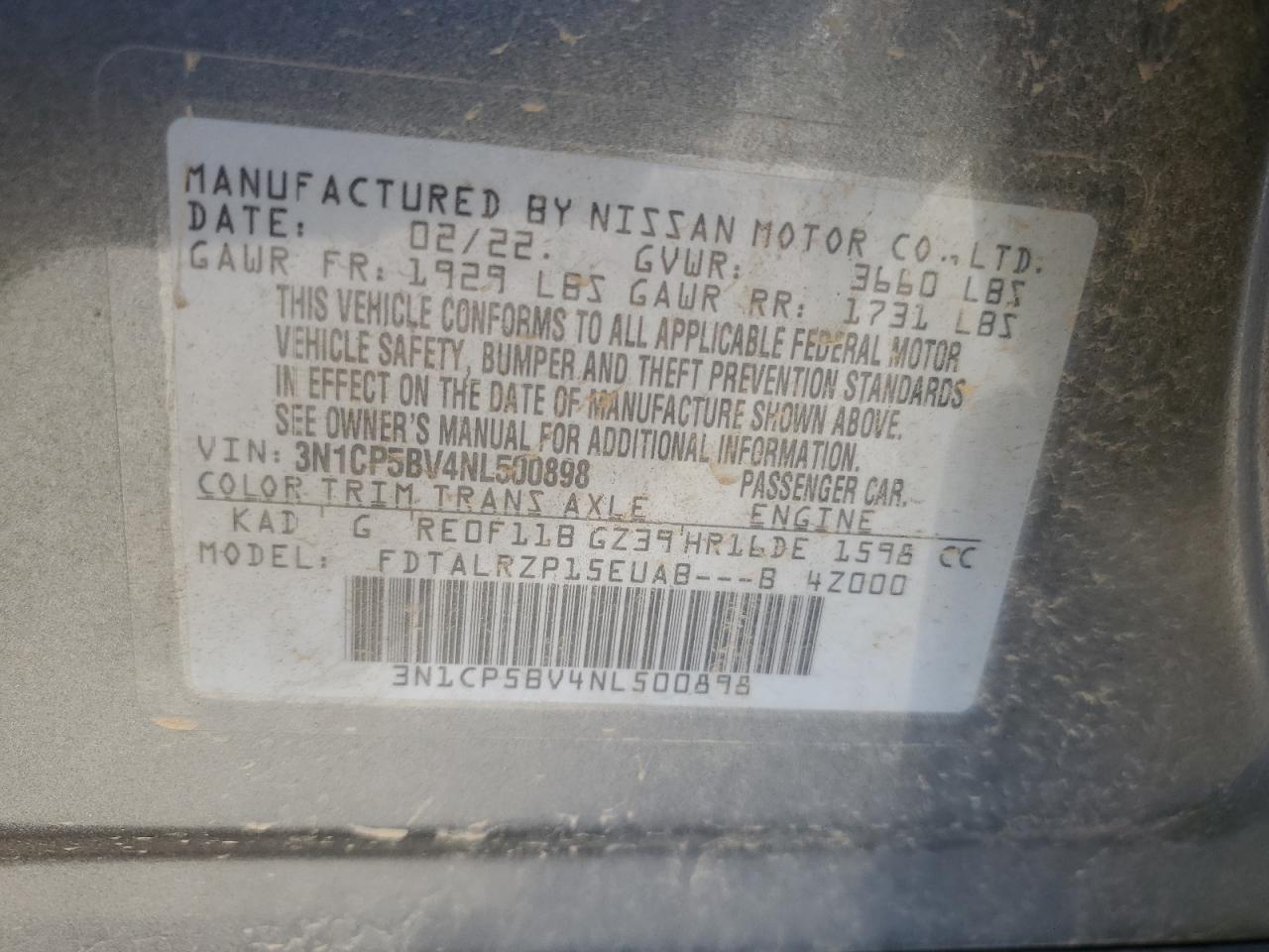2022 NISSAN KICKS S VIN:3N1CP5BV4NL500898