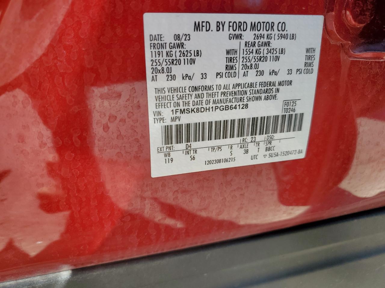 2023 FORD EXPLORER XLT VIN:1FMSK8DH1PGB64128