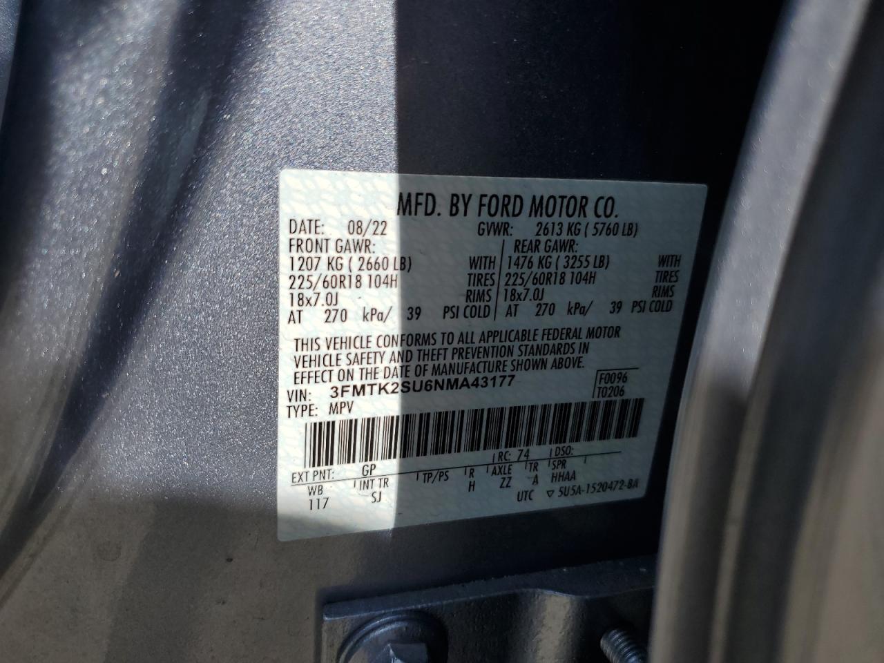 2022 FORD MUSTANG MACH-E CALIFORNIA ROUTE 1 VIN:WP0AA2A8XNS255297