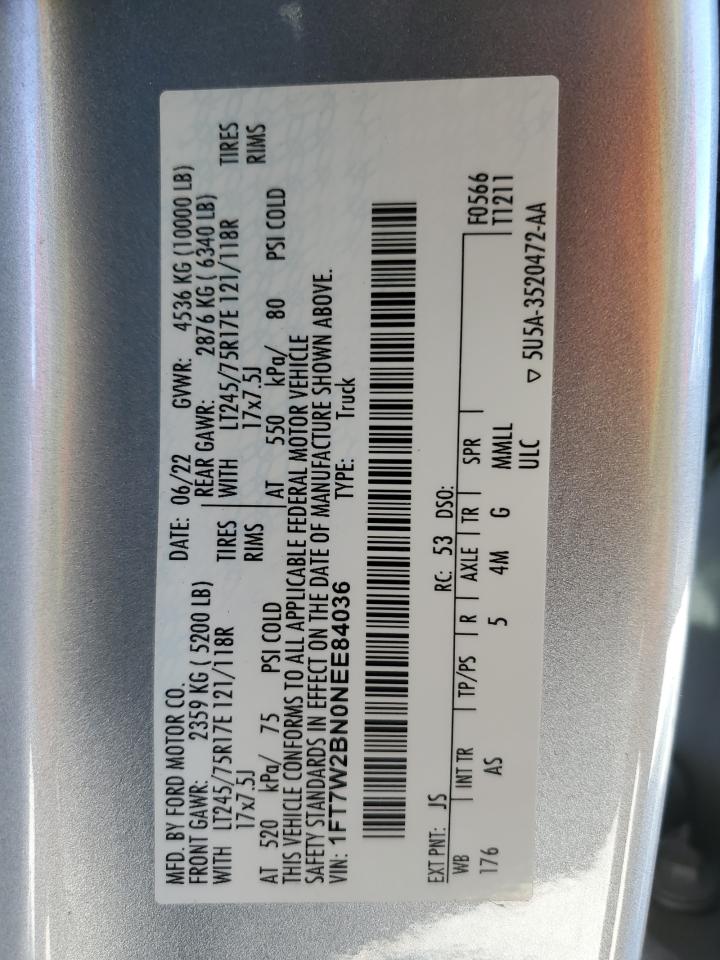 2022 FORD F250 SUPER DUTY VIN:1FT7W2BN0NEE84036