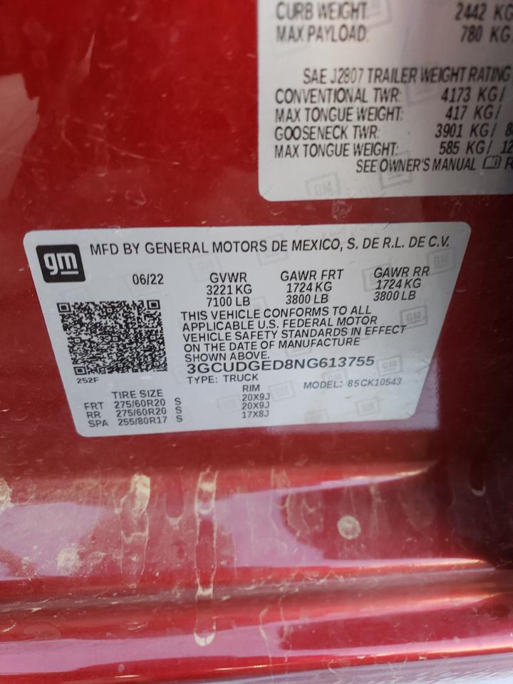 2022 CHEVROLET SILVERADO K1500 LTZ VIN:3GCUDGED8NG613755