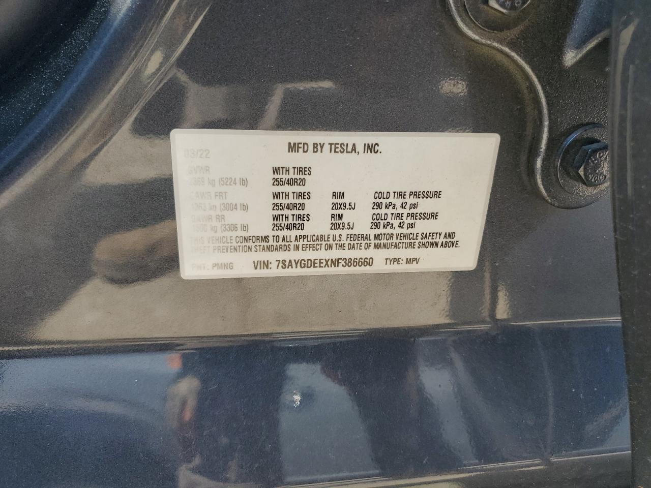 2022 TESLA MODEL Y VIN:7SAYGDEEXNF386660