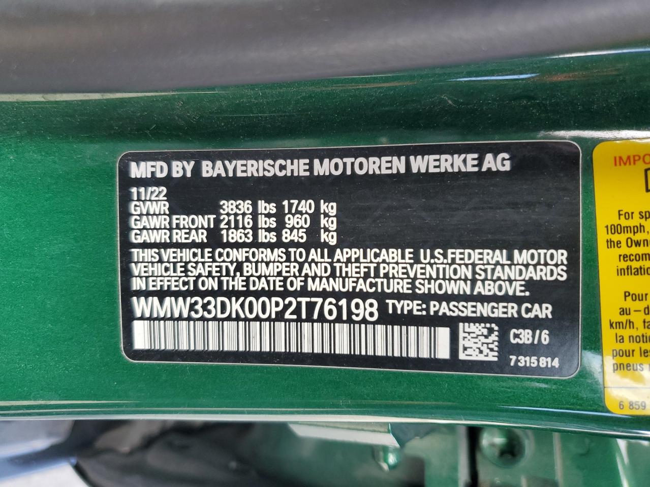 2023 MINI COOPER VIN:WMW33DK00P2T76198