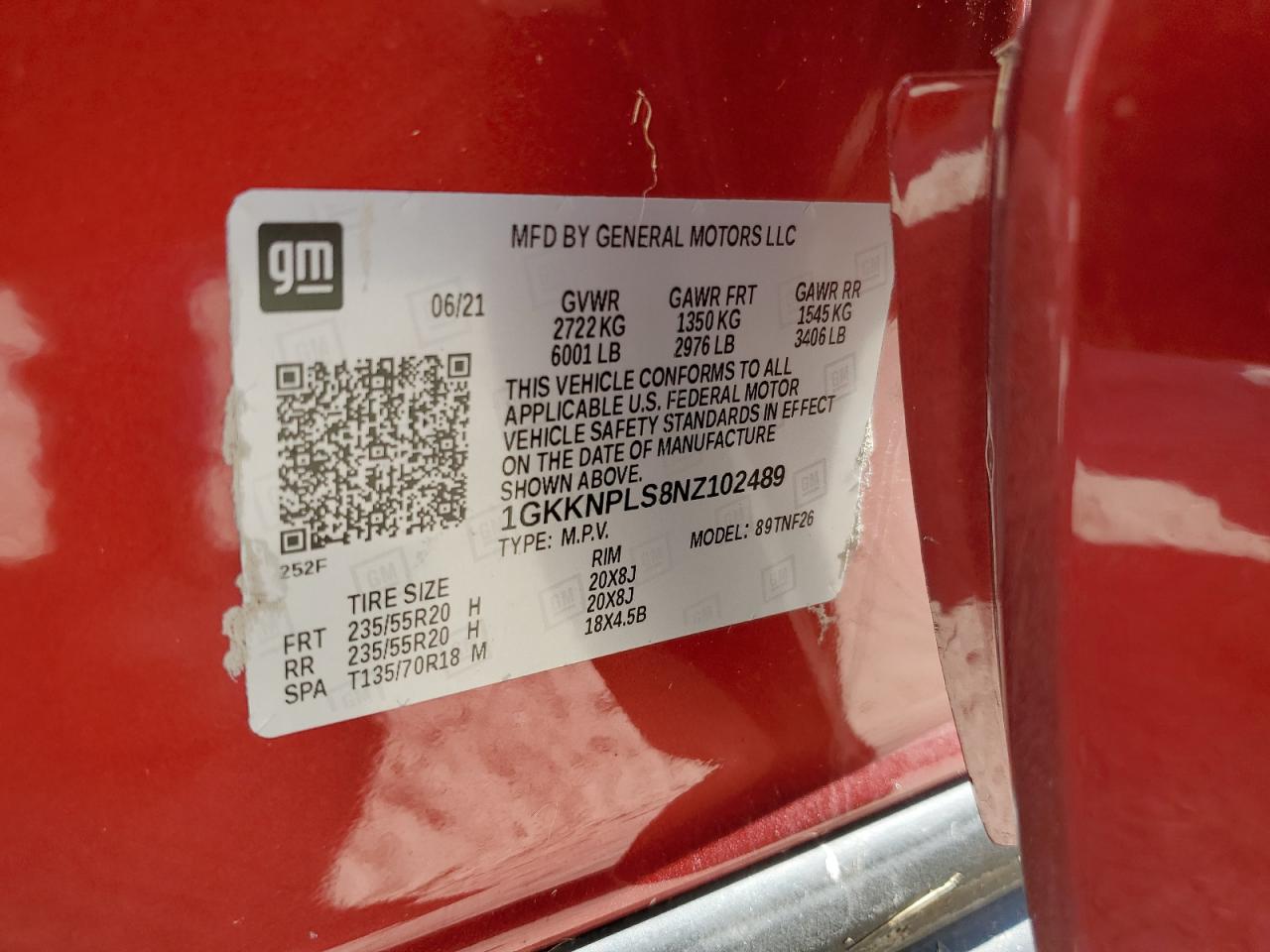 2022 GMC ACADIA DENALI VIN:1GKKNPLS8NZ102489