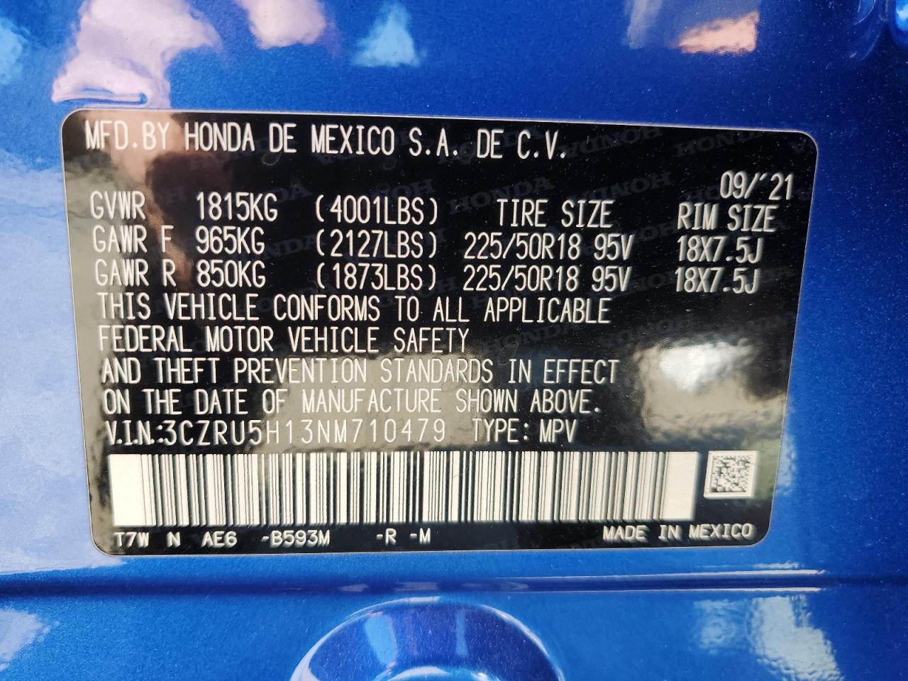 2022 HONDA HR-V SPORT VIN:3CZRU5H13NM710479