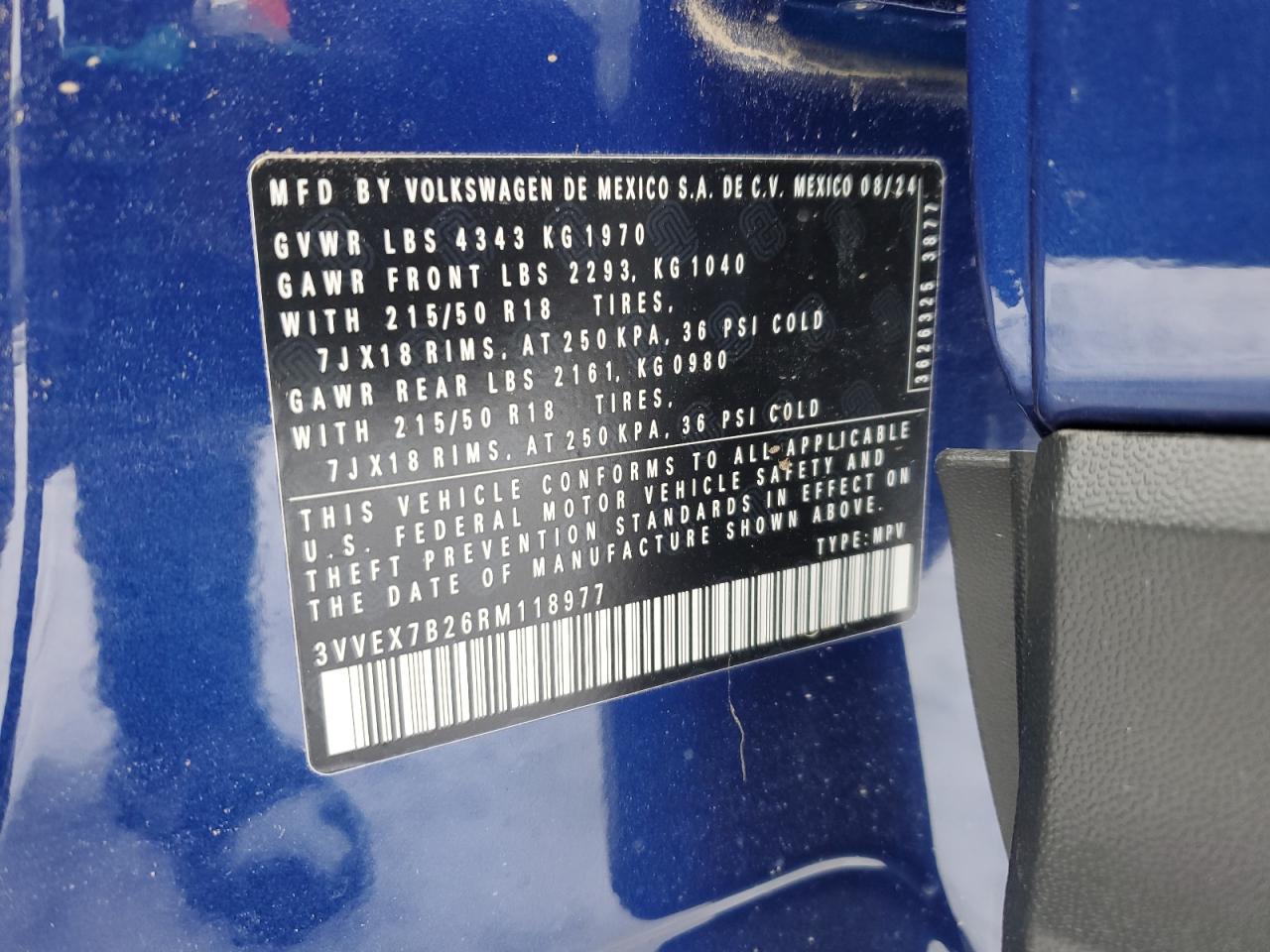 2024 VOLKSWAGEN TAOS SE VIN:3VVEX7B26RM118977