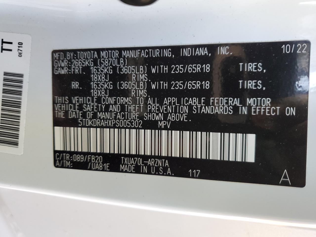 2023 TOYOTA HIGHLANDER L VIN:5TDKDRAHXPS005302