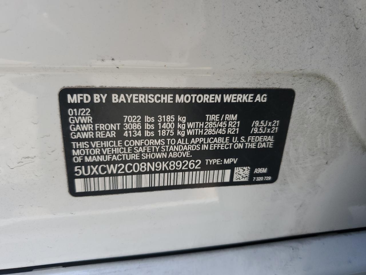 2022 BMW X7 XDRIVE40I VIN:5UXCW2C08N9K89262