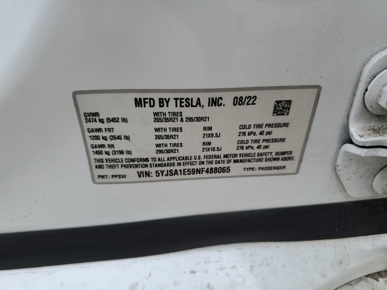 2022 TESLA MODEL S VIN:5YJSA1E59NF488065