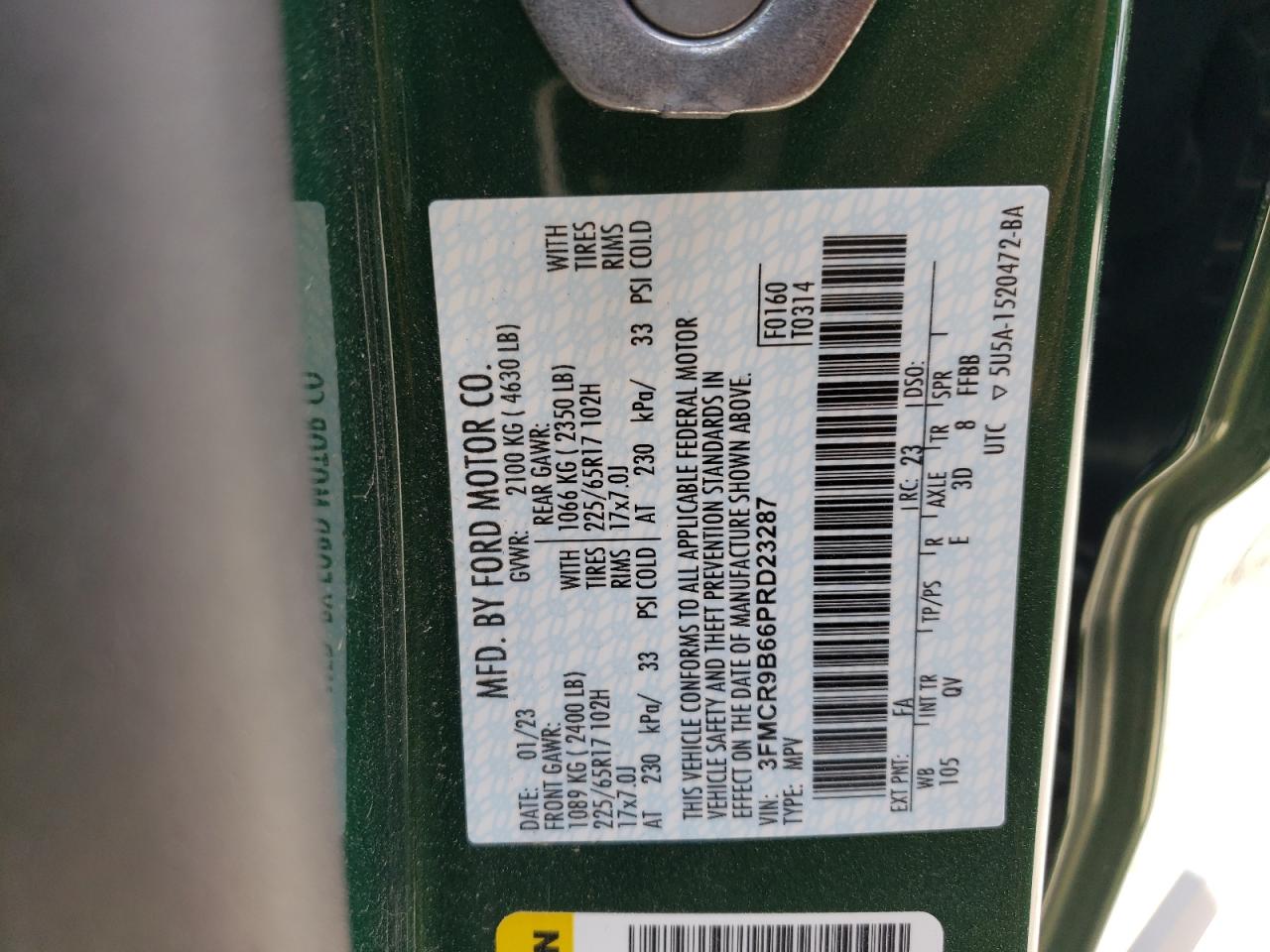 2023 FORD BRONCO SPORT BIG BEND VIN:3FMCR9B66PRD23287