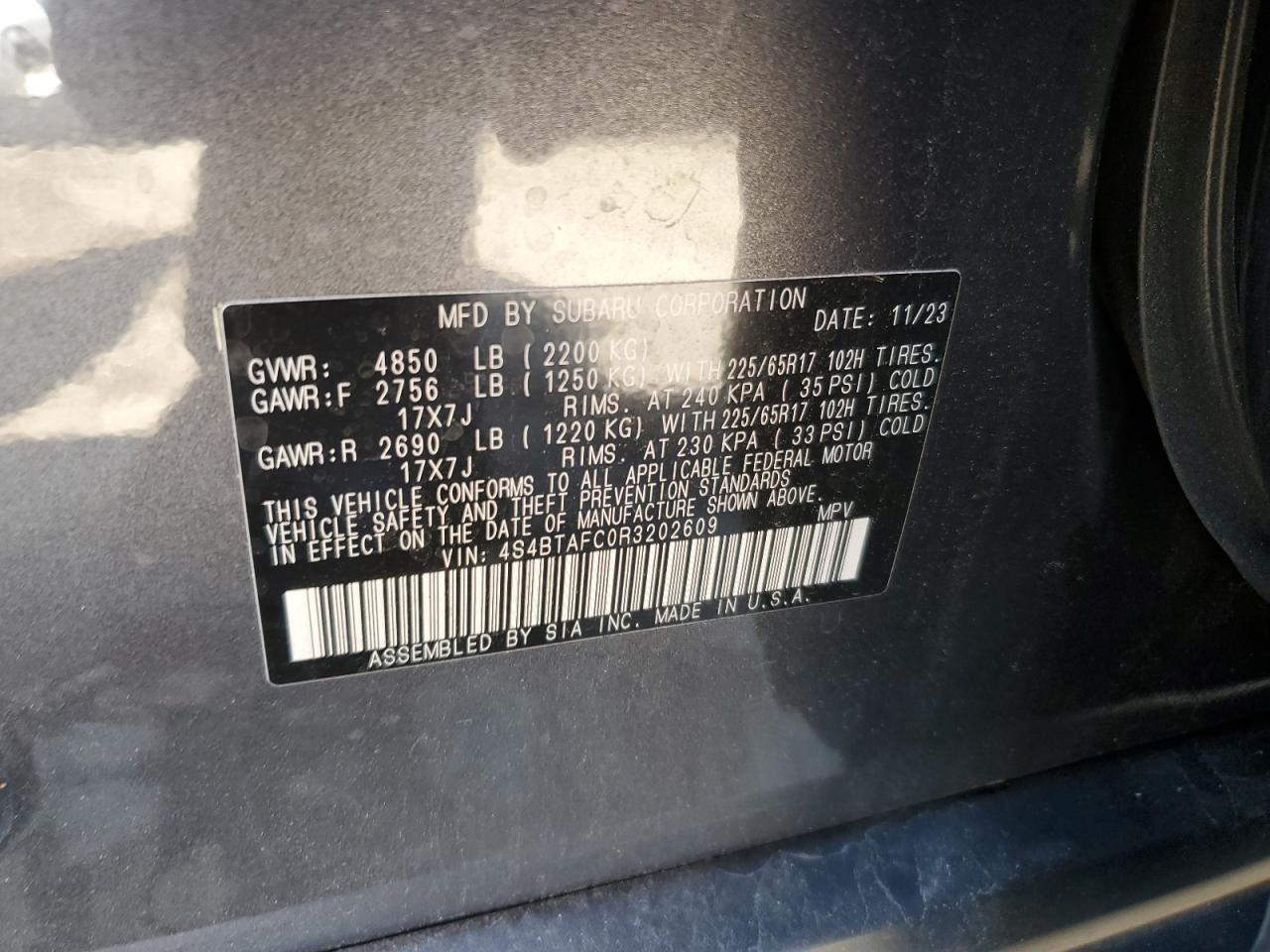 2024 SUBARU OUTBACK PREMIUM VIN:4S4BTAFC0R3202609