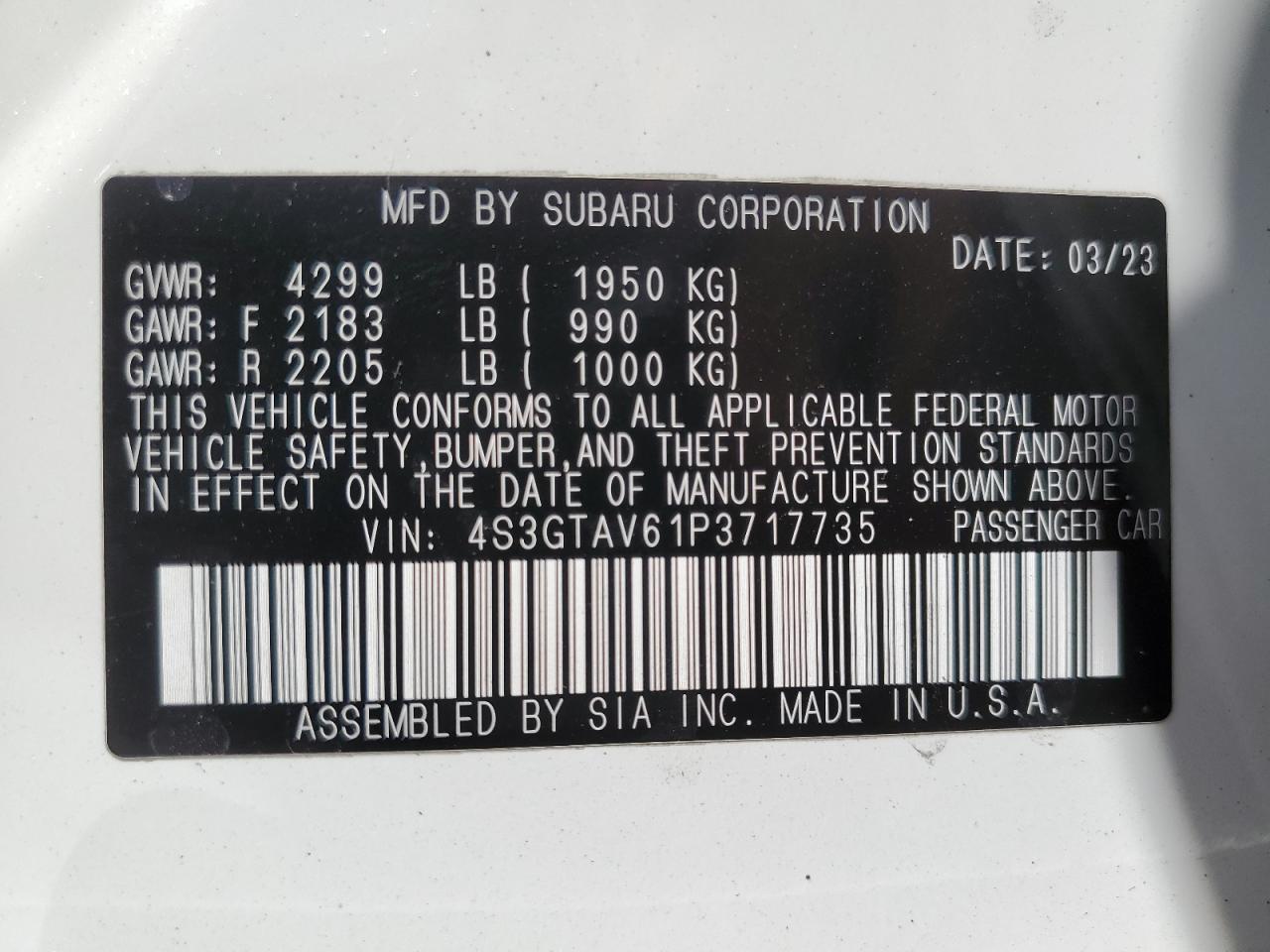 2023 SUBARU IMPREZA PREMIUM VIN:4S3GTAV61P3717735