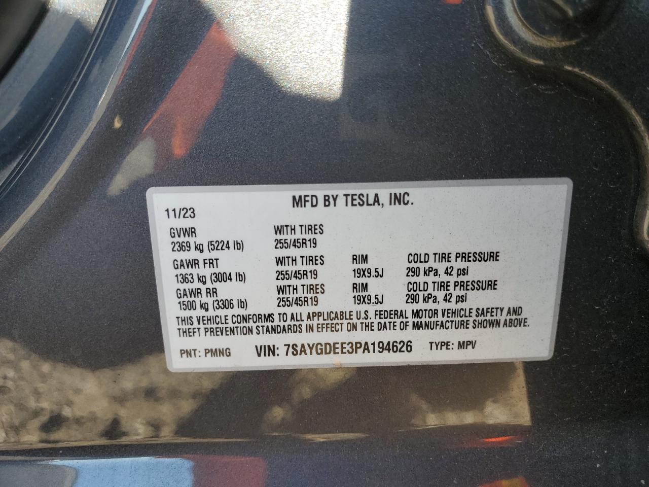 2023 TESLA MODEL Y VIN:7SAYGDEE3PA194626