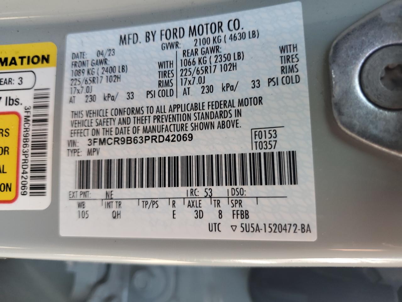 2023 FORD BRONCO SPORT BIG BEND VIN:3FMCR9B63PRD42069