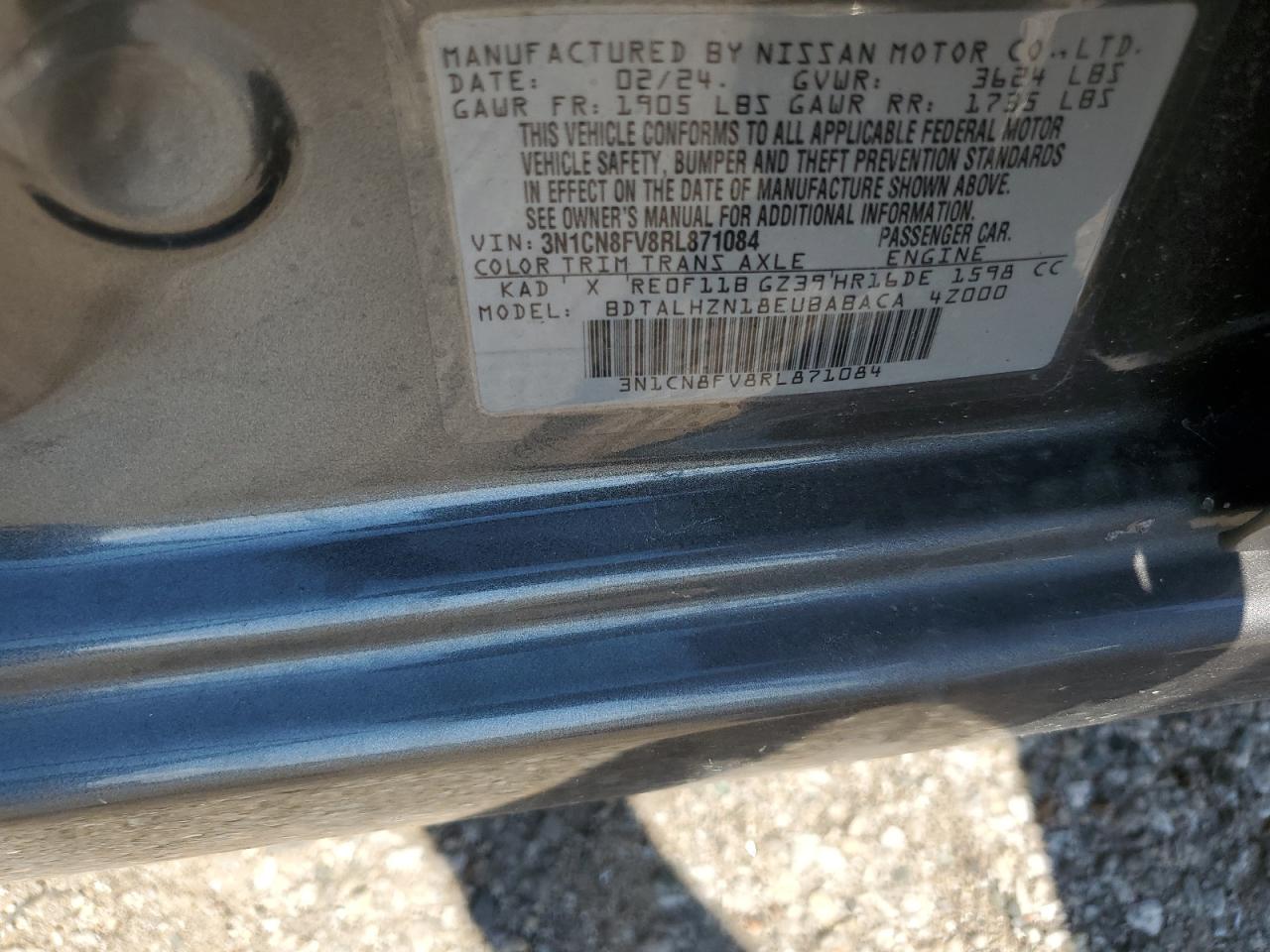 2024 NISSAN VERSA SR VIN:3N1CN8FV8RL871084