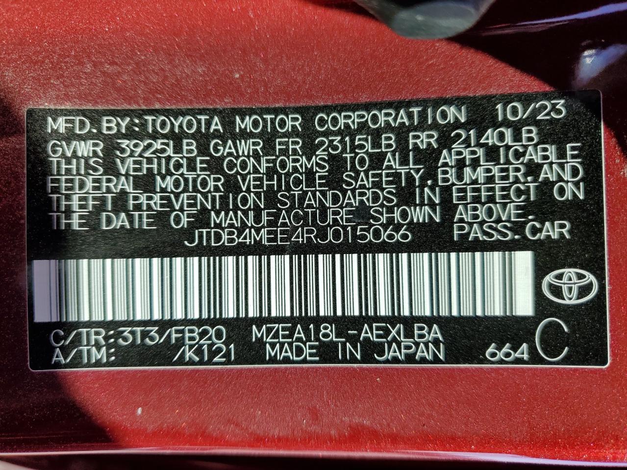2024 TOYOTA COROLLA LE VIN:JTDB4MEE4RJ015066