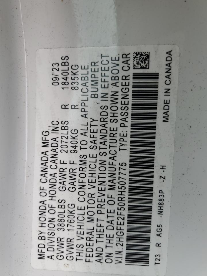 2024 HONDA CIVIC SPORT VIN:2HGFE2F50RH507775