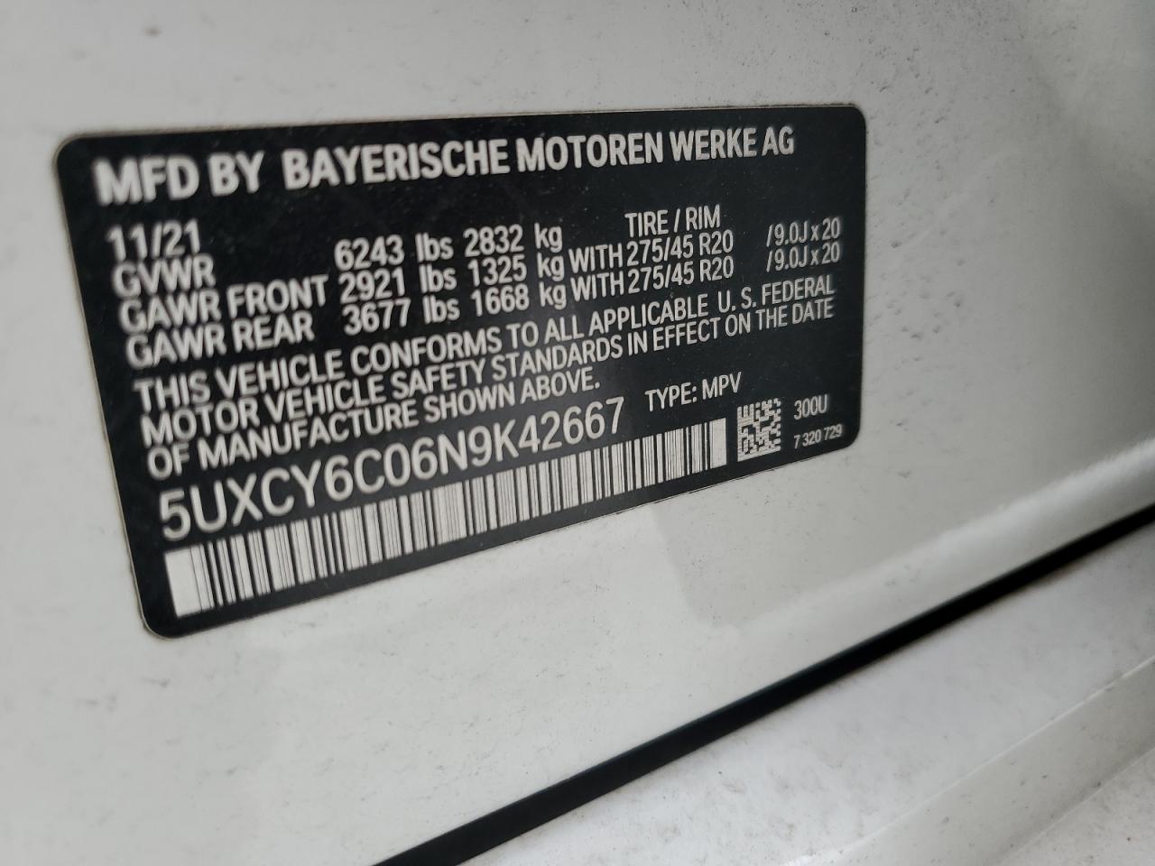 2022 BMW X6 XDRIVE40I VIN:5UXCY6C06N9K42667